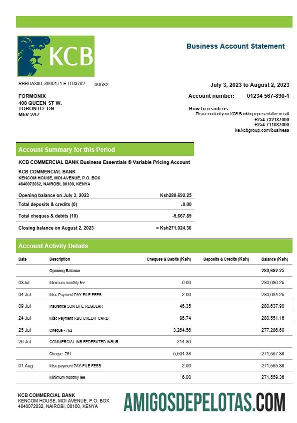 Baixável Kenya Commercial Bnak Firm modelo de extrato de conta Word e PDF